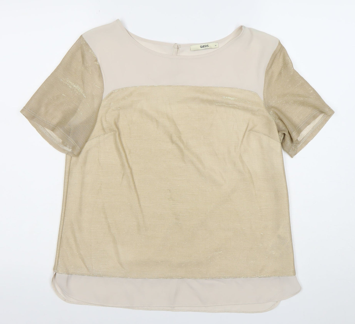 Oasis Women’s Beige Metallic Short Sleeve Blouse M Regular Fit