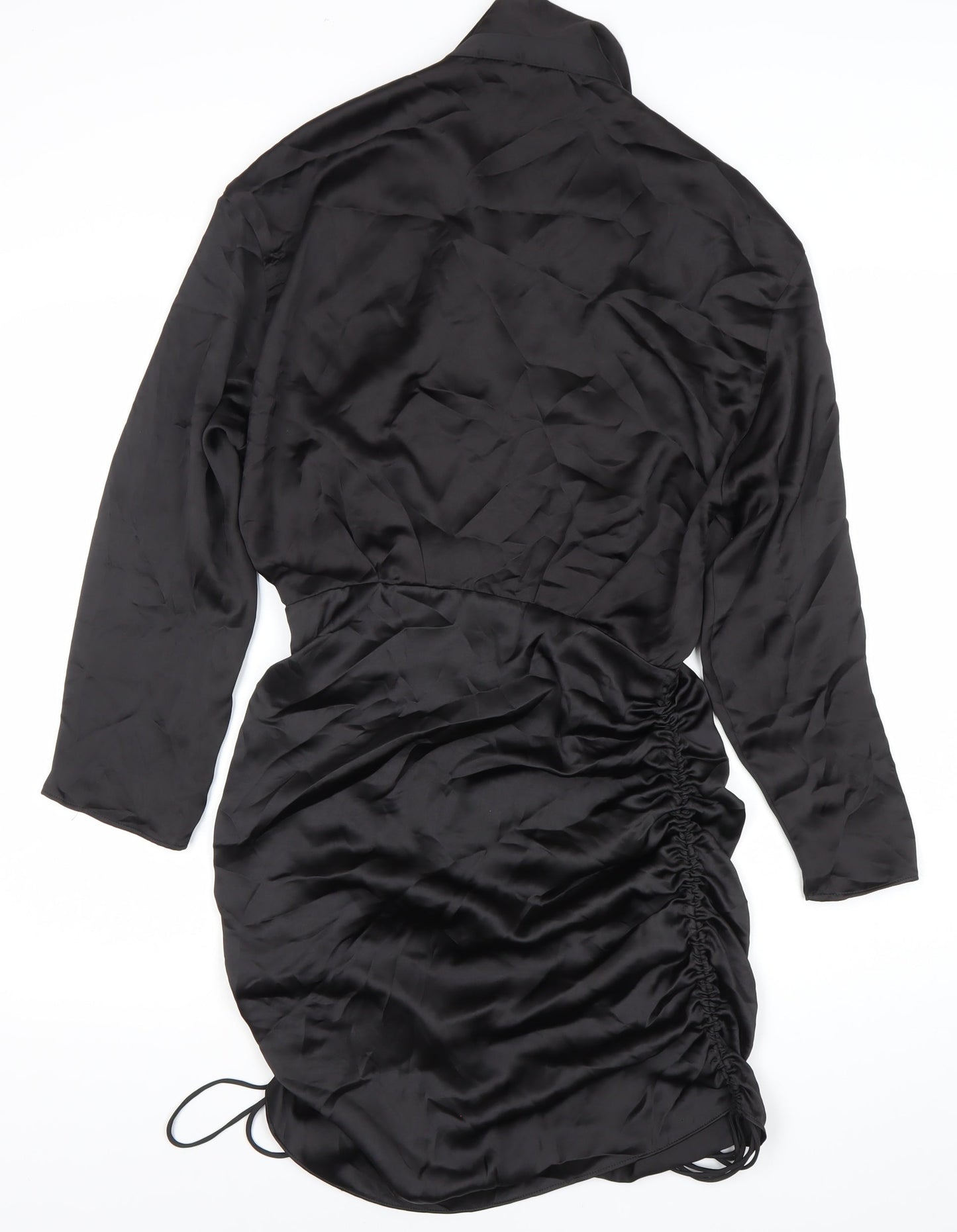 Zara Women Black Satin Shirt Dress Ruched Collared M Long Sleeve