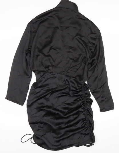 Zara Women Black Satin Shirt Dress Ruched Collared M Long Sleeve