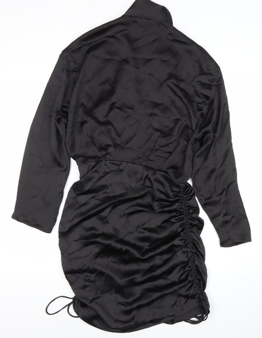 Zara Women Black Satin Shirt Dress Ruched Collared M Long Sleeve
