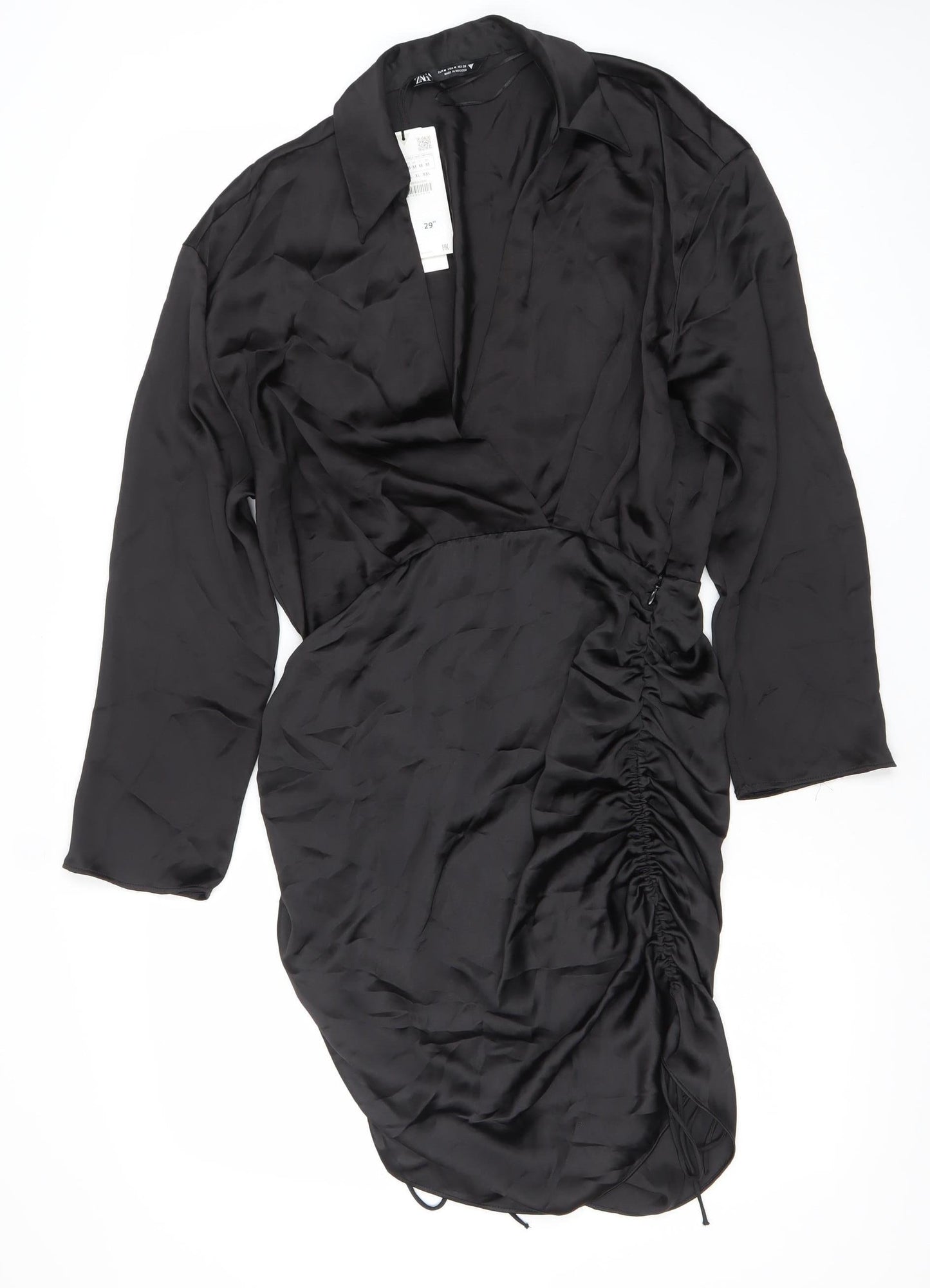 Zara Women Black Satin Shirt Dress Ruched Collared M Long Sleeve