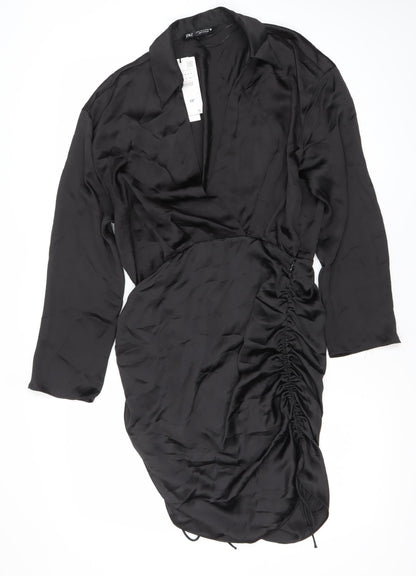 Zara Women Black Satin Shirt Dress Ruched Collared M Long Sleeve