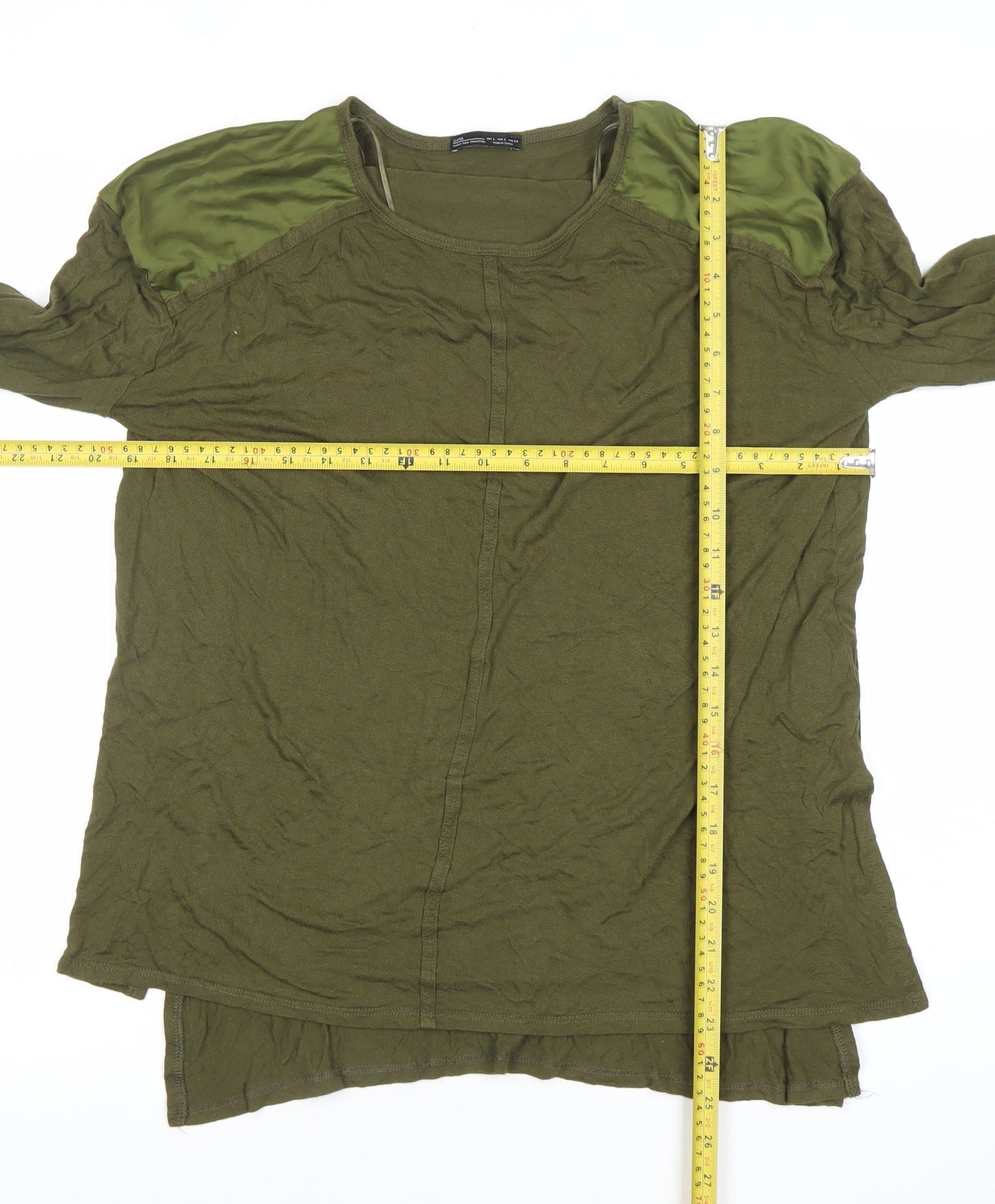 Zara Women Green Long Sleeve Polyester Basic T-Shirt Size L