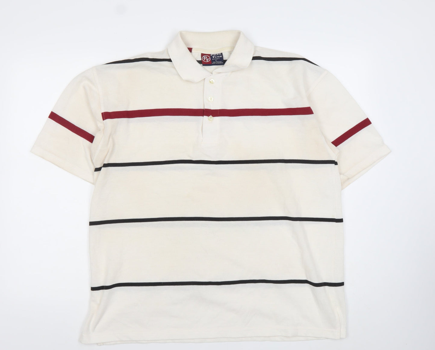 Pacific Flyer Men’s Ivory Striped Polo Shirt Size L Short Sleeve