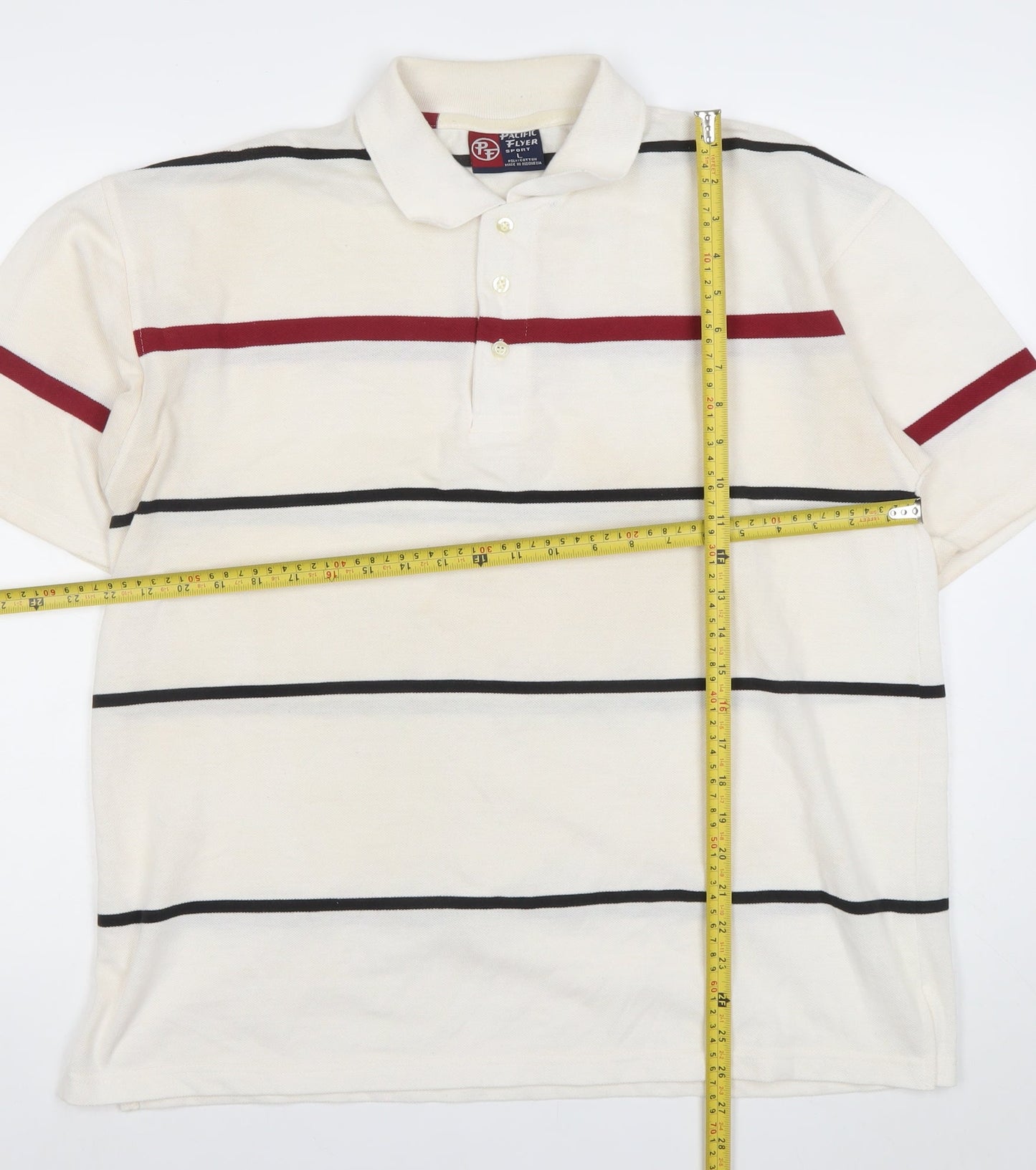 Pacific Flyer Men’s Ivory Striped Polo Shirt Size L Short Sleeve