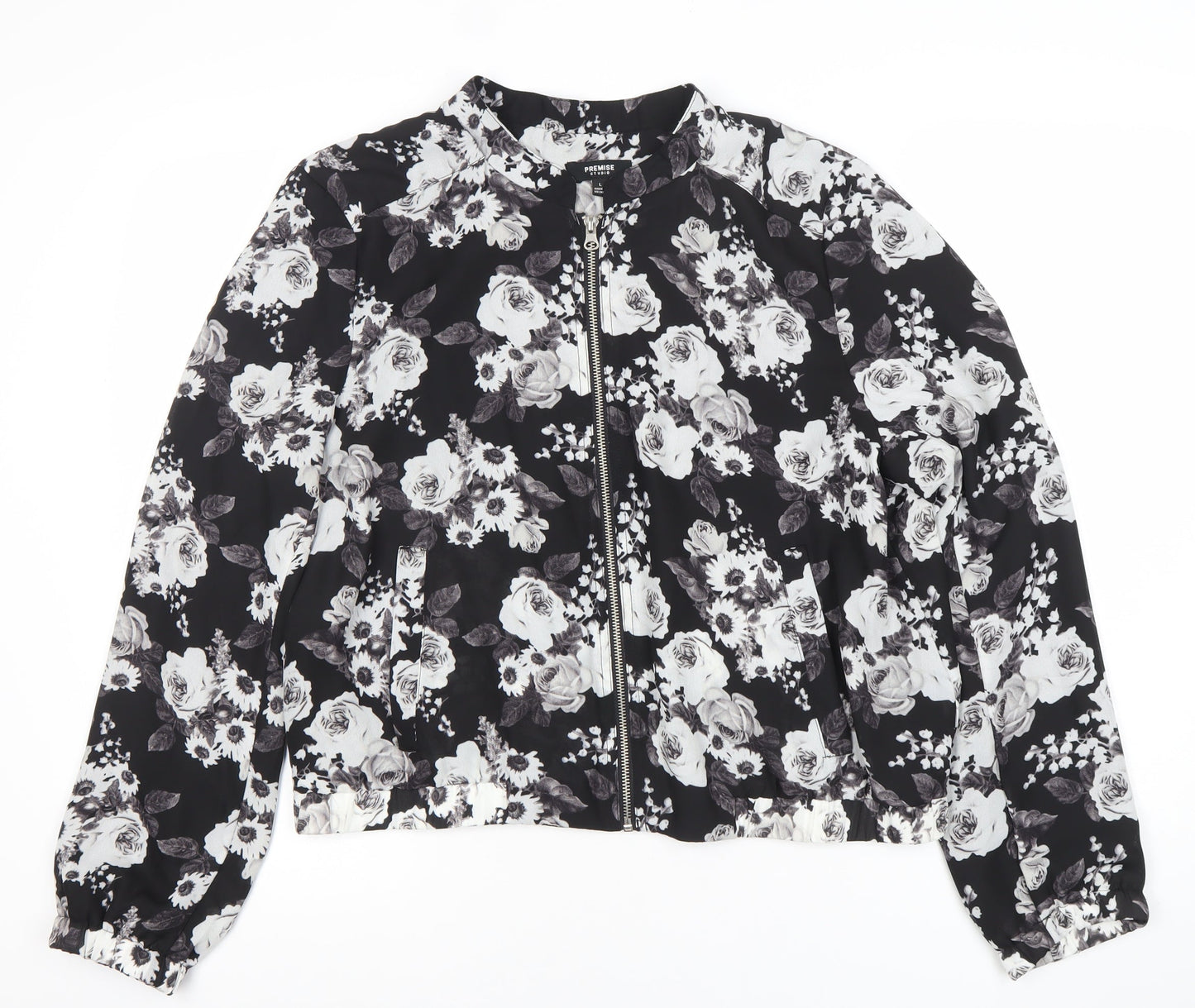 Premise Studio Women’s Black Floral Bomber Jacket Size L Polyester Zip