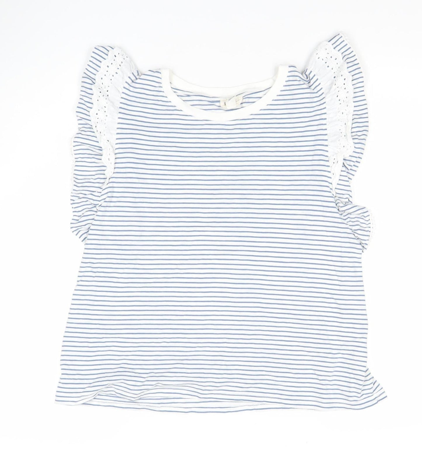 River Island Women White Blue Striped Ruffle Crochet T-Shirt Size 12