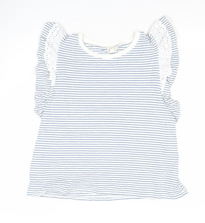 River Island Women White Blue Striped Ruffle Crochet T-Shirt Size 12