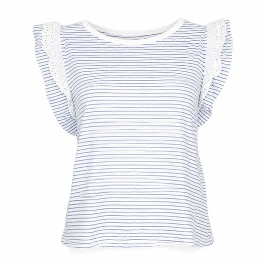 River Island Women White Blue Striped Ruffle Crochet T-Shirt Size 12