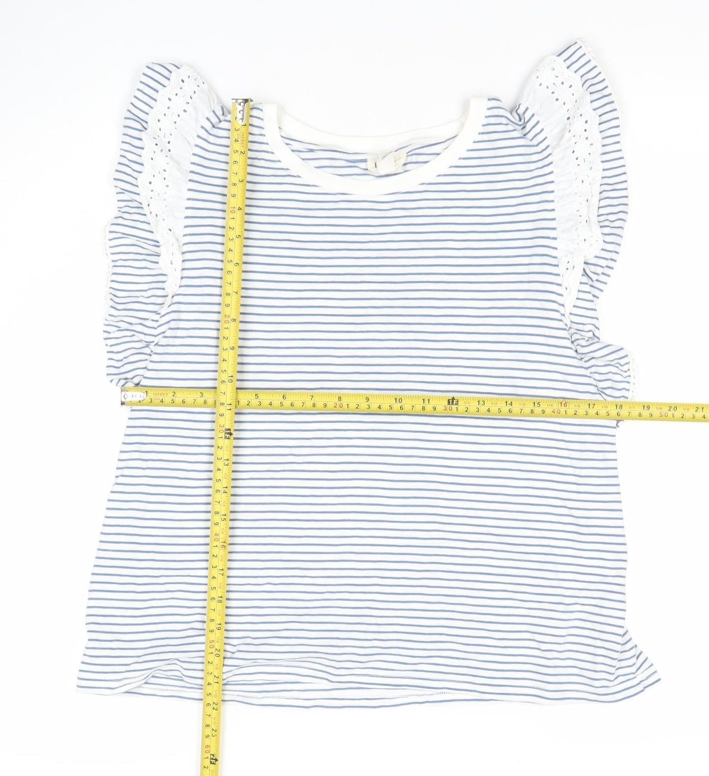River Island Women White Blue Striped Ruffle Crochet T-Shirt Size 12