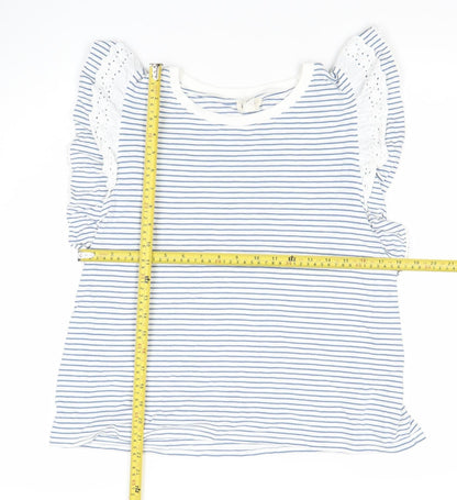 River Island Women White Blue Striped Ruffle Crochet T-Shirt Size 12