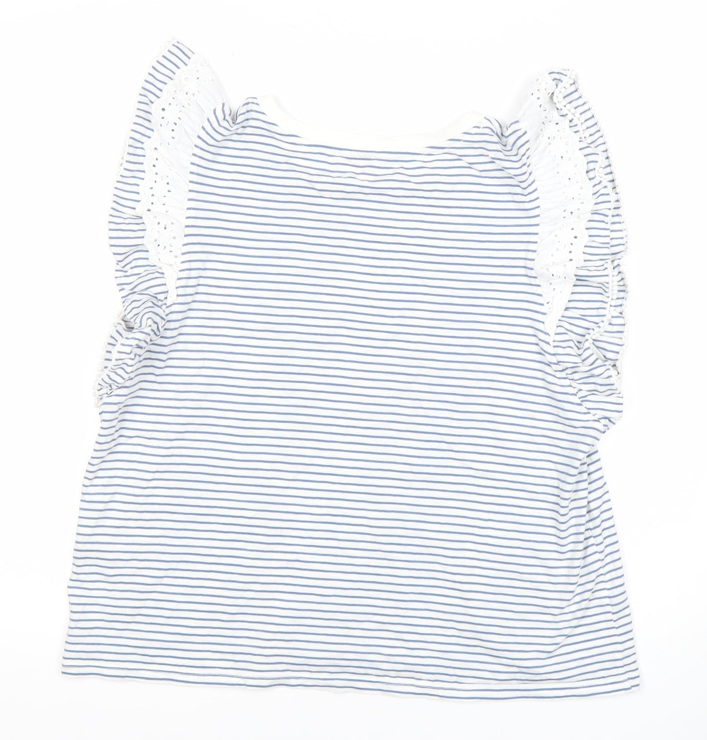 River Island Women White Blue Striped Ruffle Crochet T-Shirt Size 12