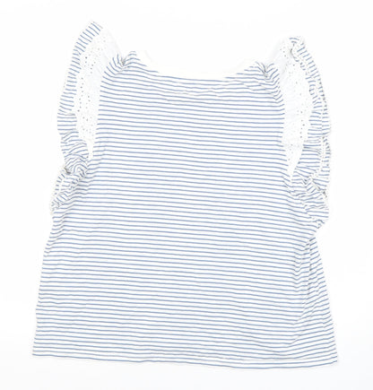 River Island Women White Blue Striped Ruffle Crochet T-Shirt Size 12