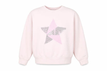 Front view of Next girls’ pink sequin star sweatshirt age 9 years long sleeve pullover