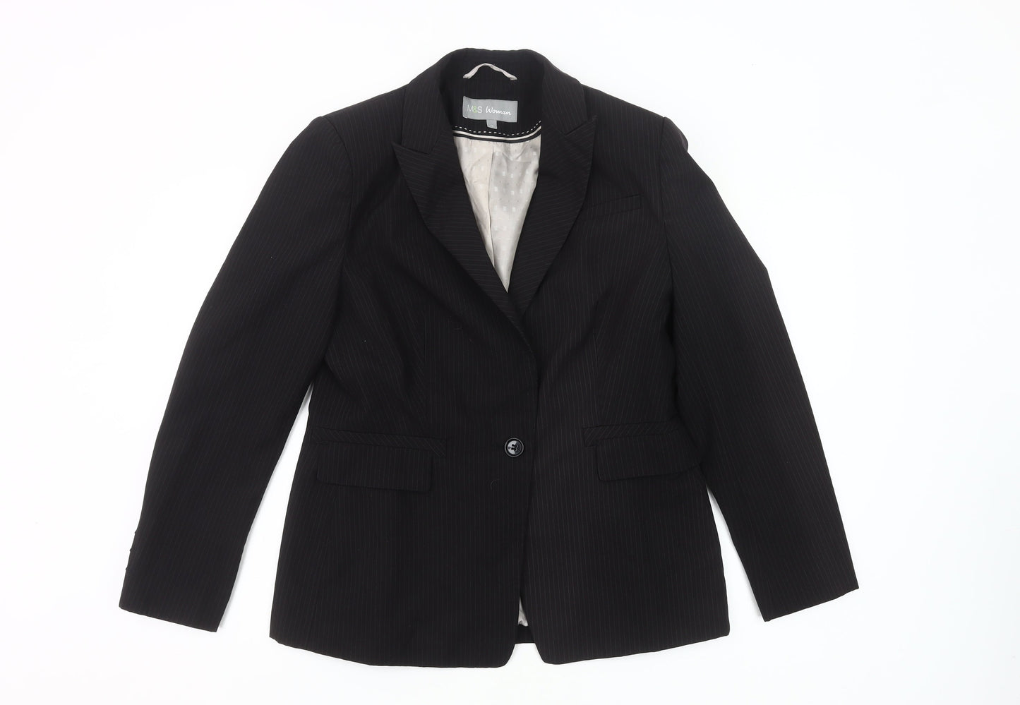 Marks and Spencer Women Black Pinstripe Blazer UK 14 Regular Fit