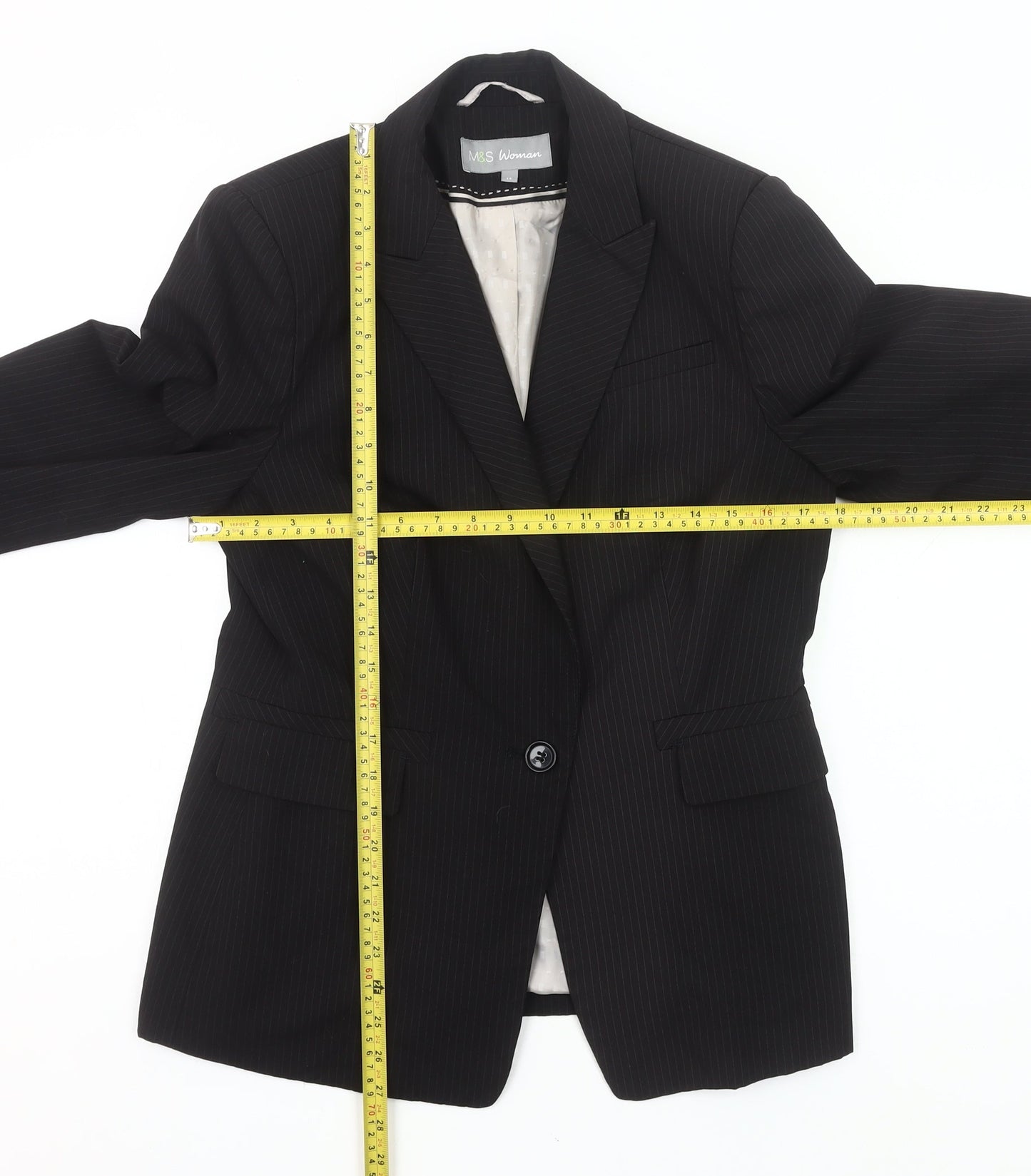 Marks and Spencer Women Black Pinstripe Blazer UK 14 Regular Fit
