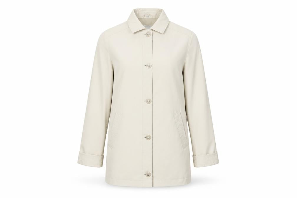 Front view of Nuage Women’s Beige Mid-Length Rain Coat, size UK 12, Polyester