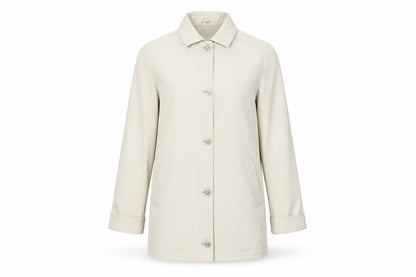Front view of Nuage Women’s Beige Mid-Length Rain Coat, size UK 12, Polyester