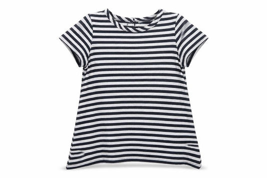 Front view of COIN 1804 women’s striped short sleeve button back t-shirt, size S
