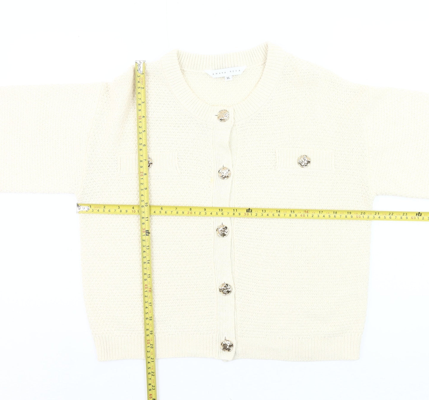 Amara Reya Women Ivory Cardigan XL Knit Button Front Jumper