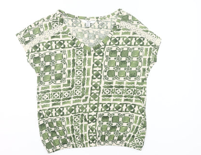 Next Women’s Green Geometric Cotton V-Neck T-Shirt UK 10