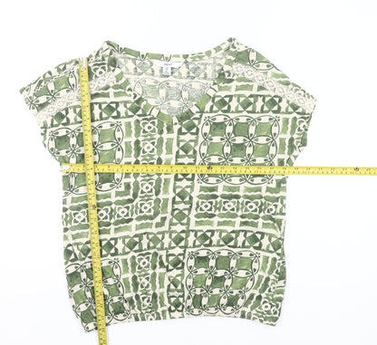 Next Women’s Green Geometric Cotton V-Neck T-Shirt UK 10