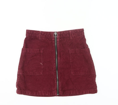 Topshop Women’s Red Corduroy Zip Skirt Size 8 High Waist Pockets