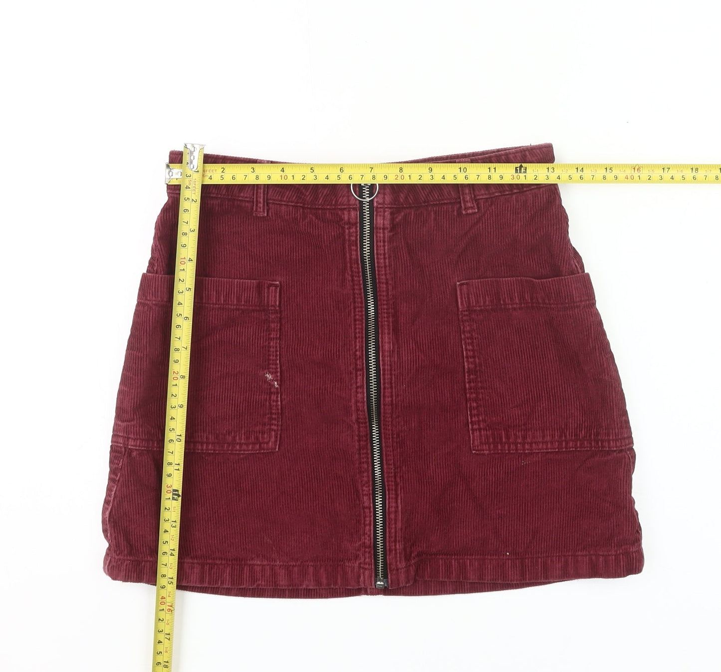Topshop Women’s Red Corduroy Zip Skirt Size 8 High Waist Pockets