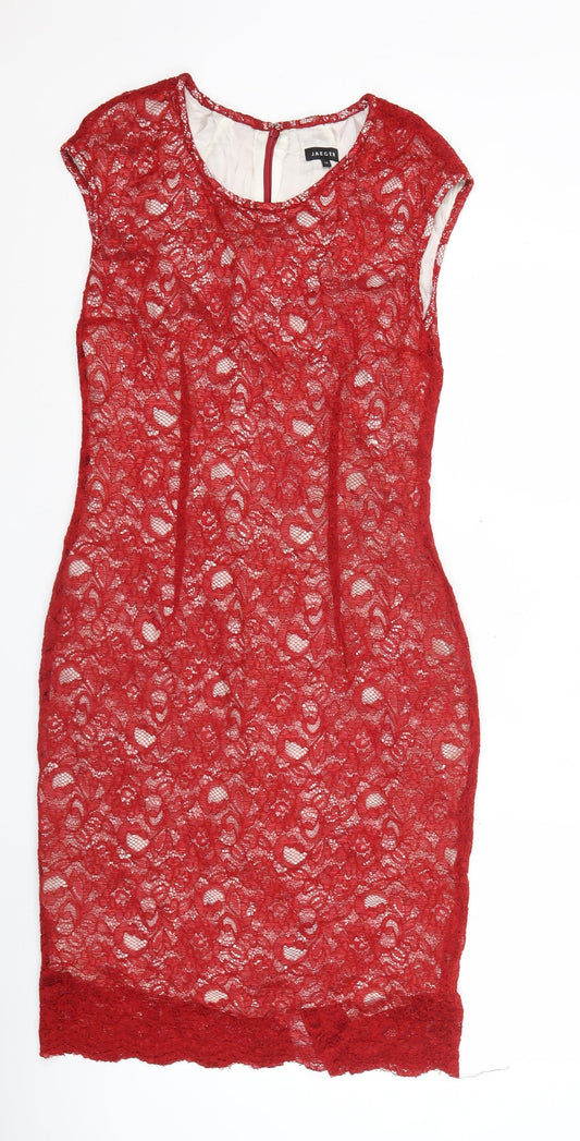 Jaeger Women Red Lace Sheath Dress Size 14 Knee Length Formal