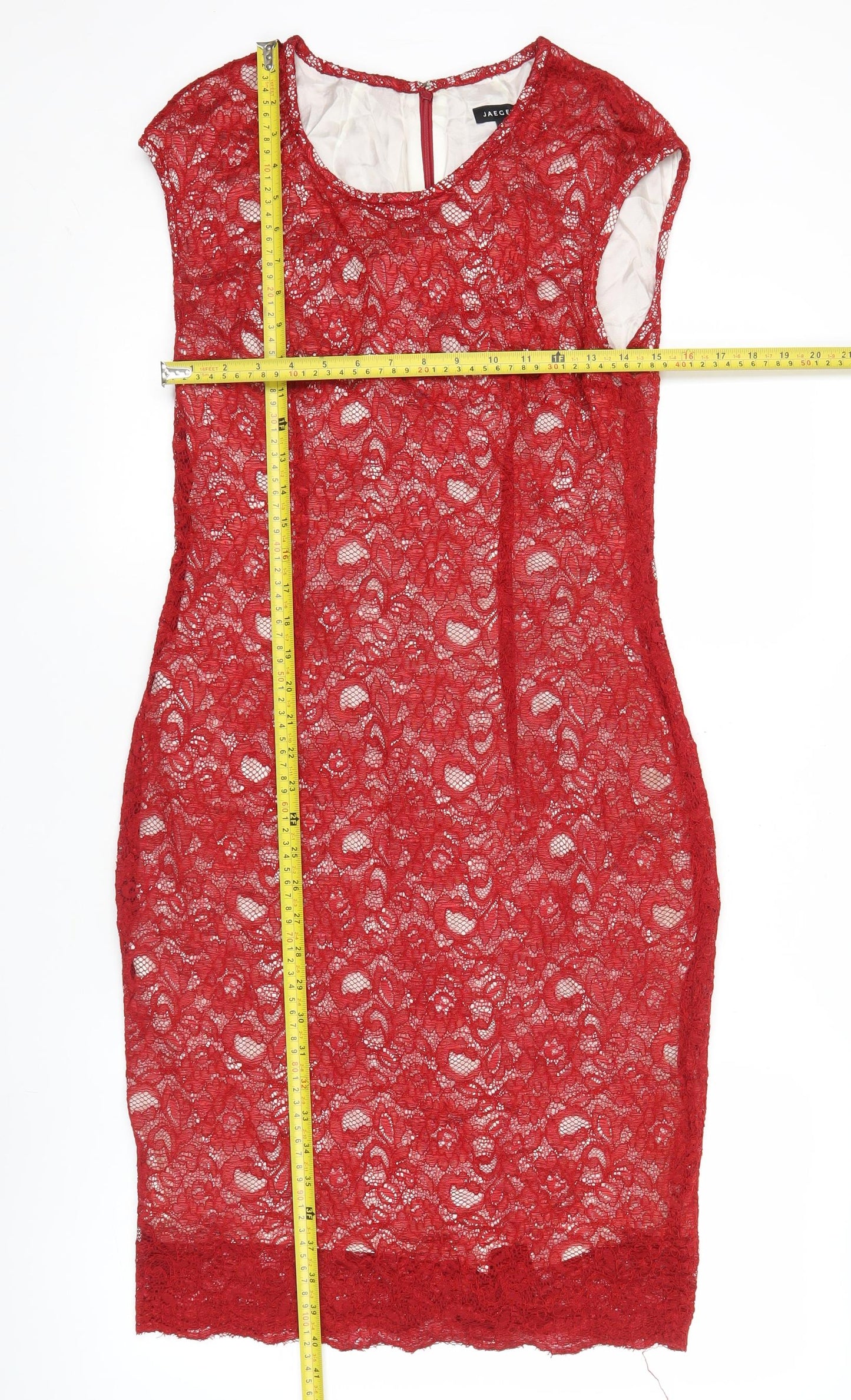 Jaeger Women Red Lace Sheath Dress Size 14 Knee Length Formal