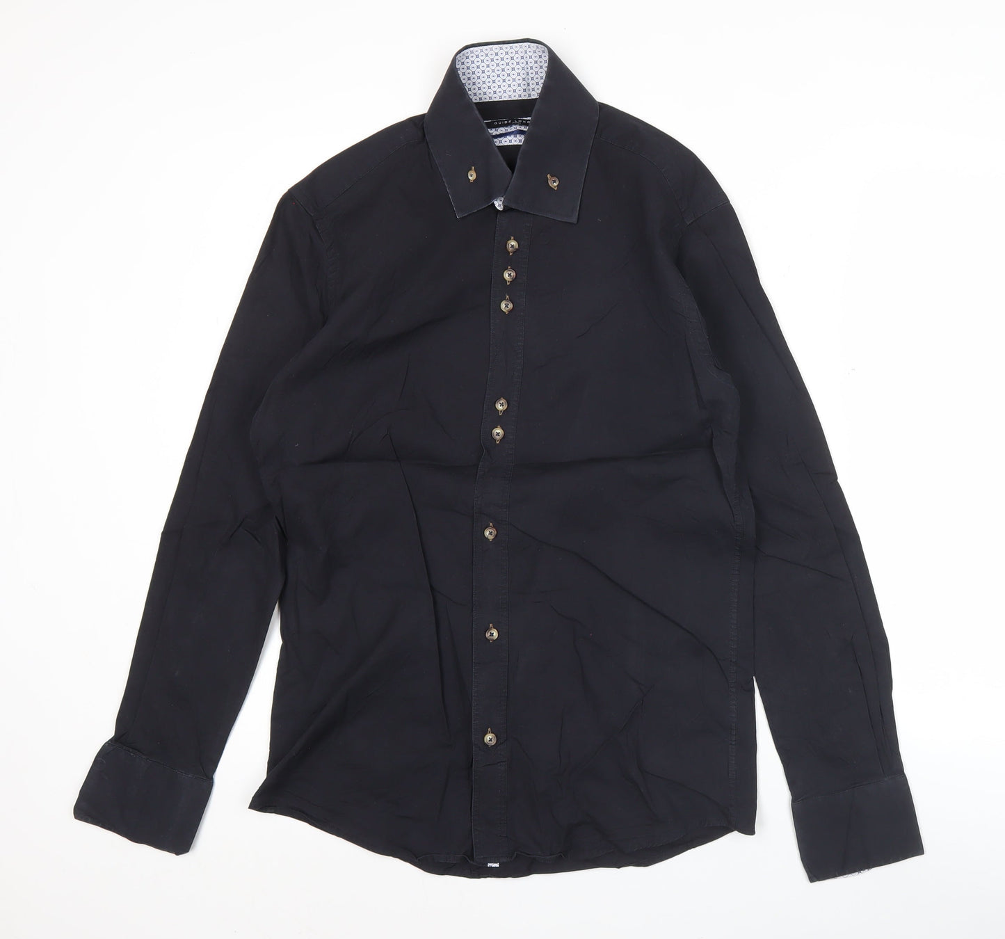 Guide London Mens Black Slim Fit Long Sleeve Button-Up Shirt L