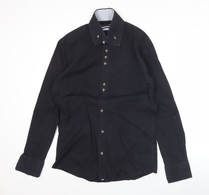 Guide London Mens Black Slim Fit Long Sleeve Button-Up Shirt L