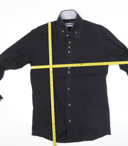 Guide London Mens Black Slim Fit Long Sleeve Button-Up Shirt L