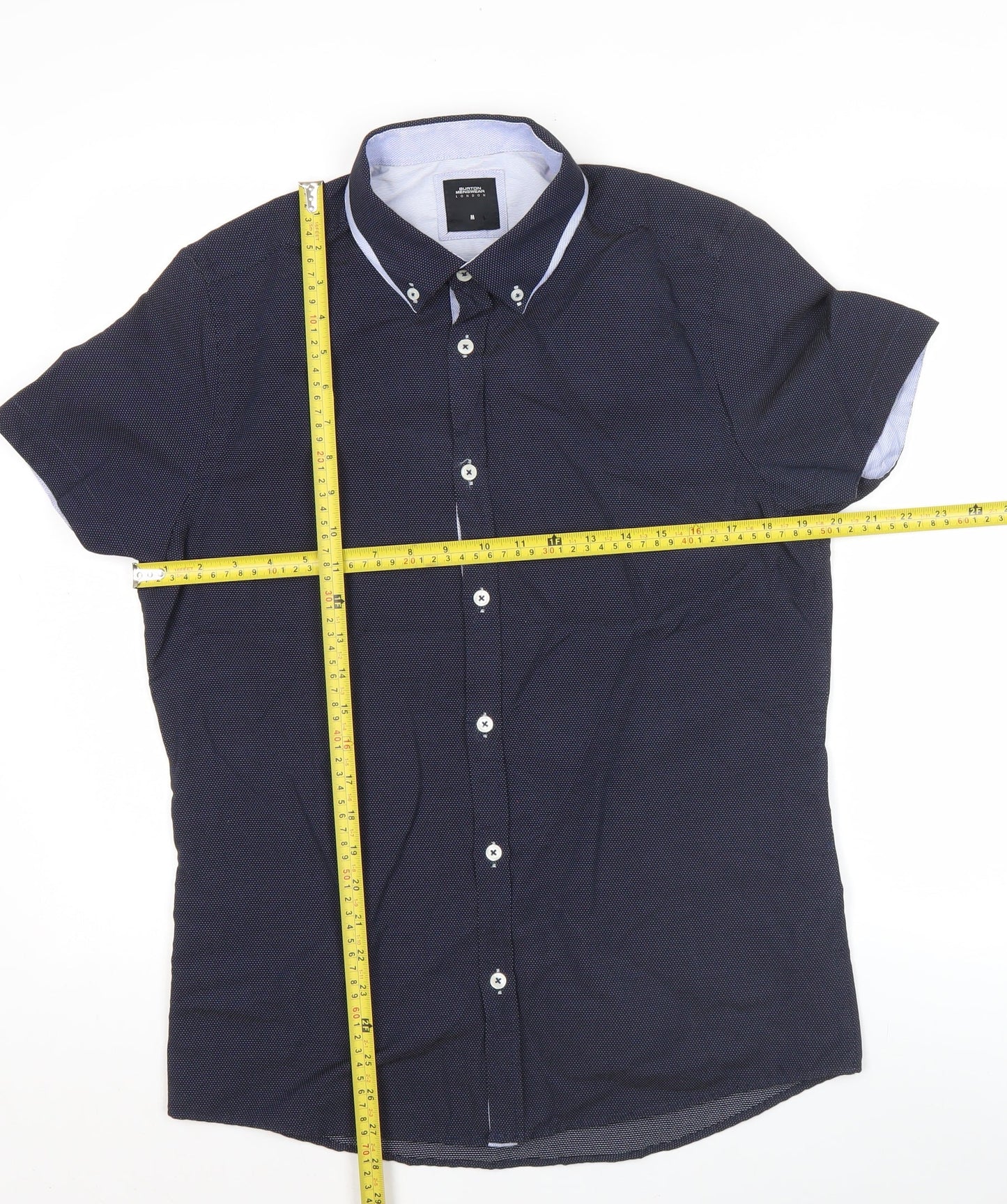 Burton Menswear London Men's Blue Slim Fit Short Sleeve Button-Up Shirt M