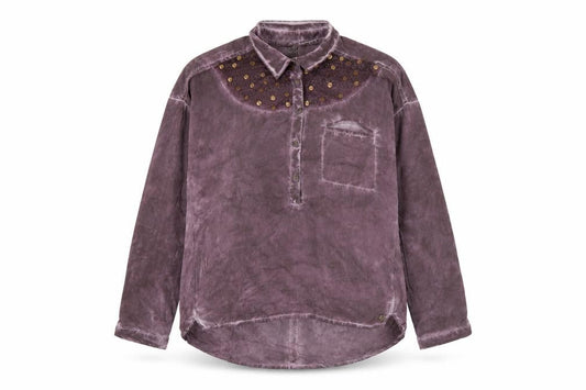 Garcia Jeans Womens Purple Beaded Collar Tunic Button-Up Shirt M