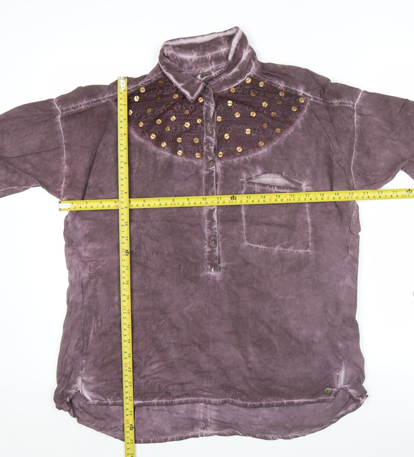 Garcia Jeans Womens Purple Beaded Collar Tunic Button-Up Shirt M