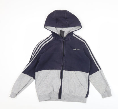 Adidas Boys Blue Grey Full Zip Hoodie 11-12Y Sports Logo Hooded Jacket