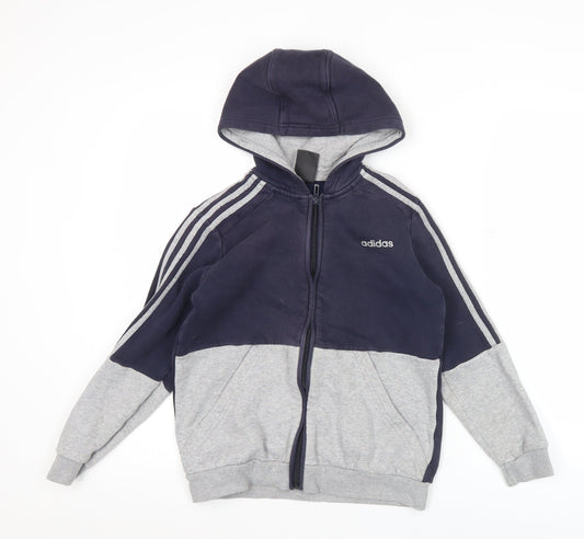 Adidas Boys Blue Grey Full Zip Hoodie 11-12Y Sports Logo Hooded Jacket