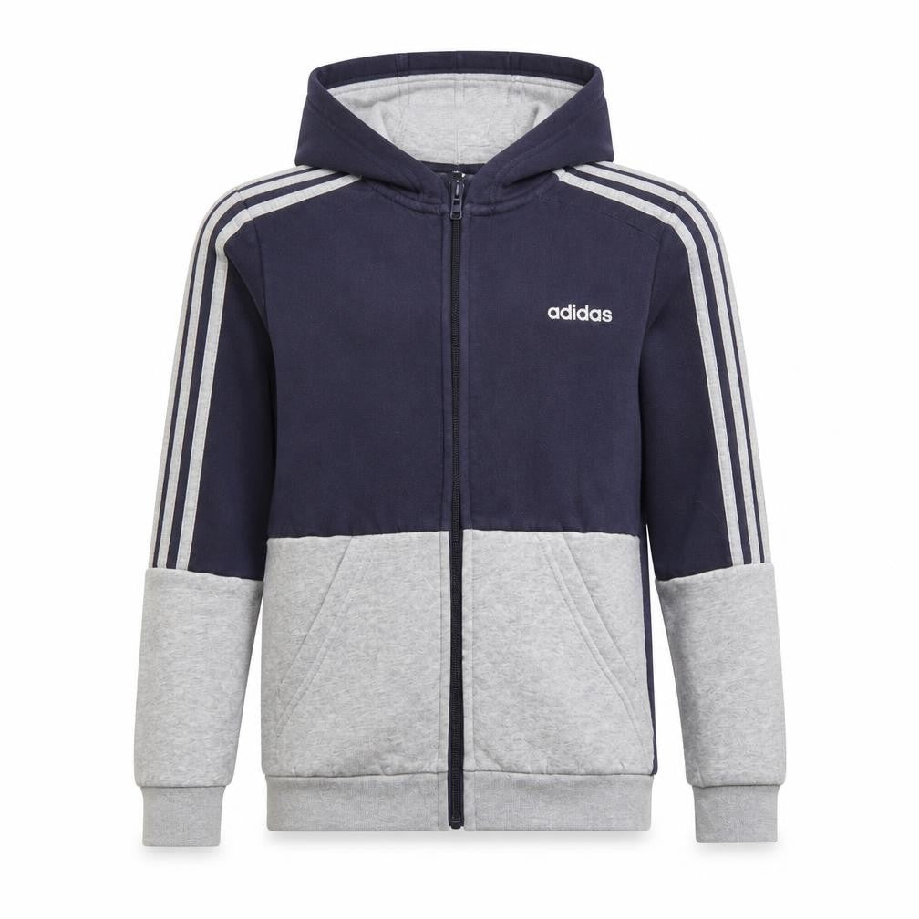 Front view of Adidas boys’ blue grey full zip hoodie 11-12y sports logo hooded jacket