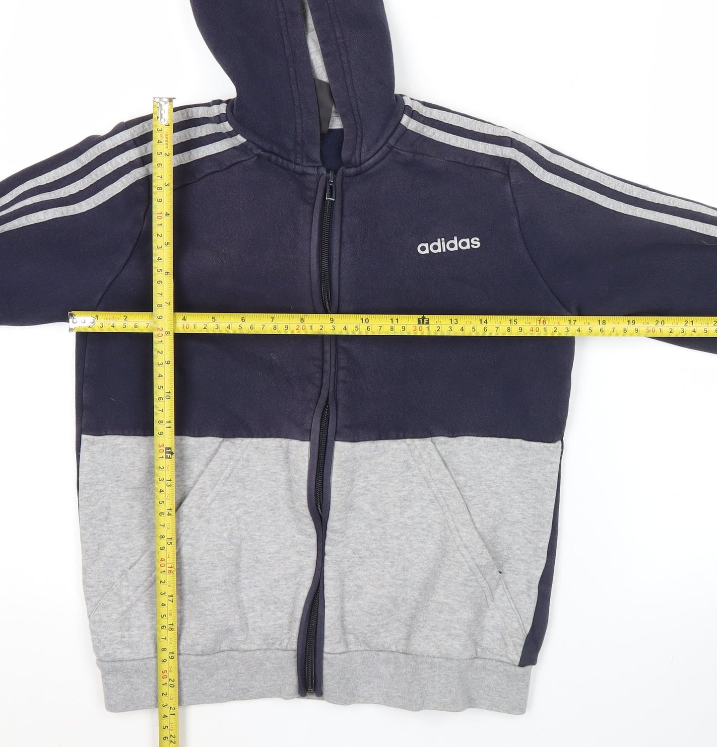 Adidas Boys Blue Grey Full Zip Hoodie 11-12Y Sports Logo Hooded Jacket