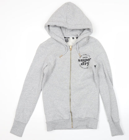 Superdry Womens Grey Full Zip Hoodie Size UK 6 Cotton Blend