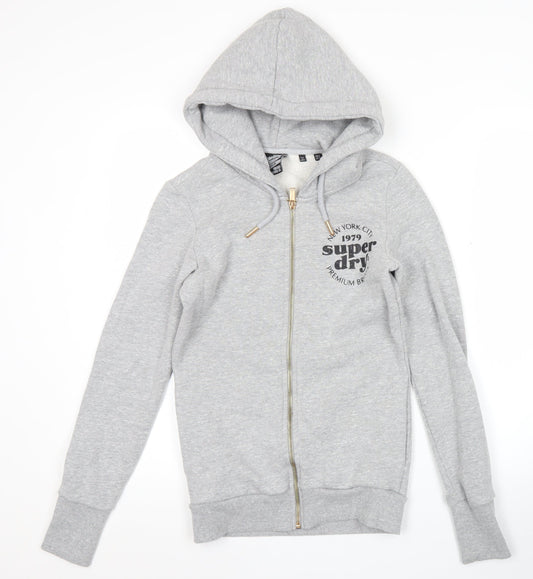 Superdry Womens Grey Full Zip Hoodie Size UK 6 Cotton Blend