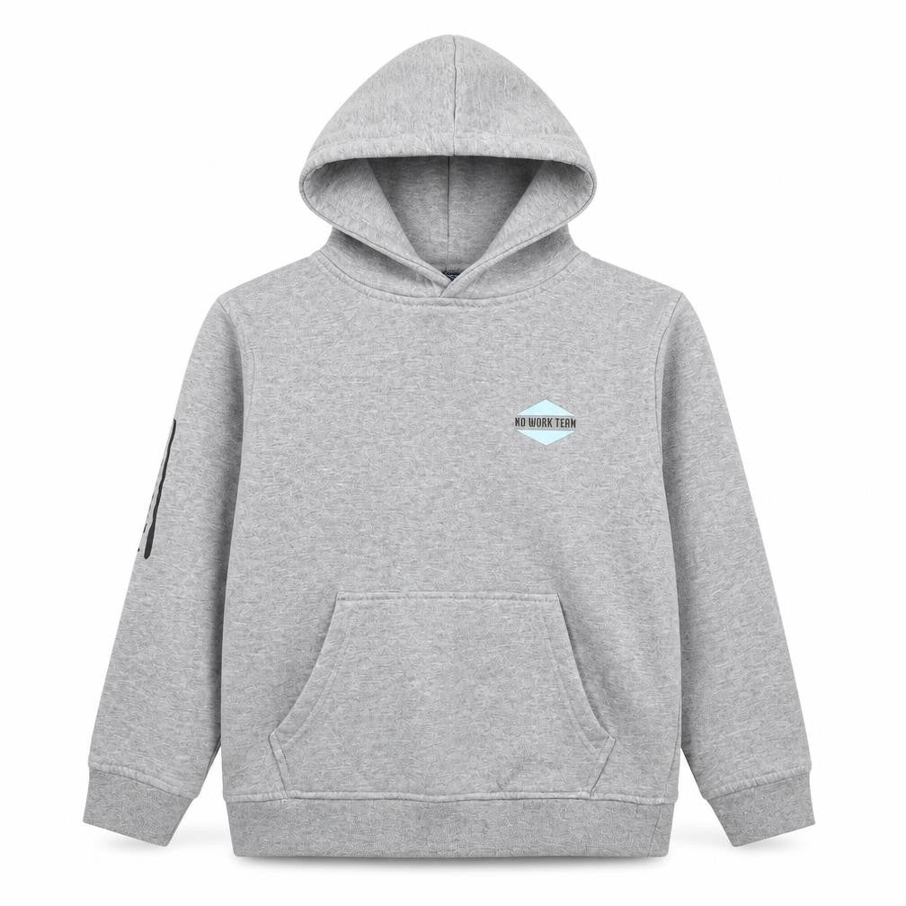 Front view of No Work Team unisex kids grey pullover hoodie 10 years surf graphic
