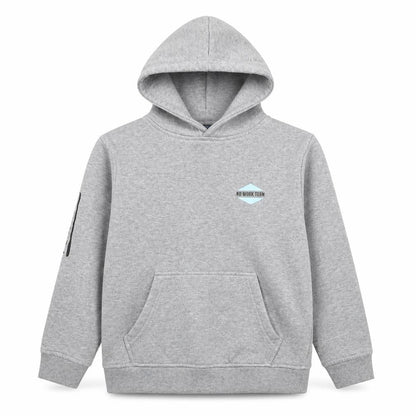 Front view of No Work Team unisex kids grey pullover hoodie 10 years surf graphic