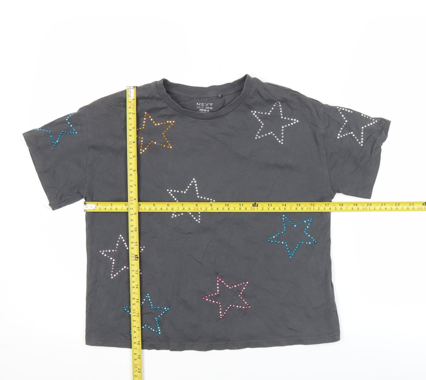 Next Girls Black Star Studded Cotton T-Shirt Age 9 Crew Neck Casual