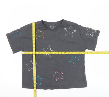 Next Girls Black Star Studded Cotton T-Shirt Age 9 Crew Neck Casual