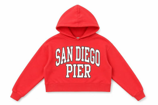 Front view of Zara girls’ red pullover hoodie 13-14 years san diego pier fleece sweatshirt