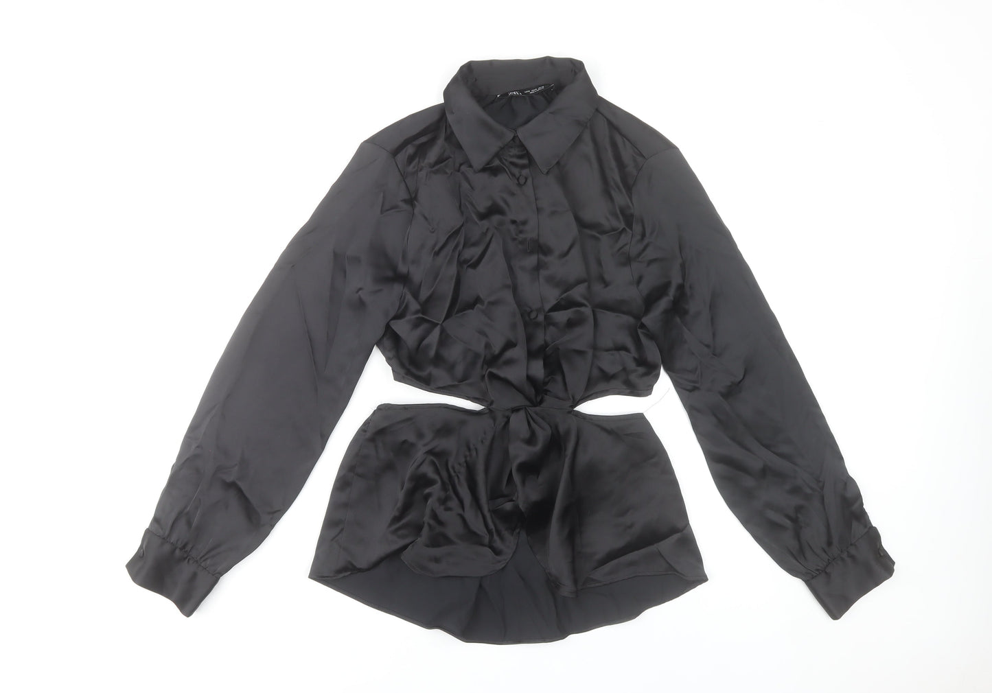 Zara Women Black Satin Cropped Button-Up Shirt Size S