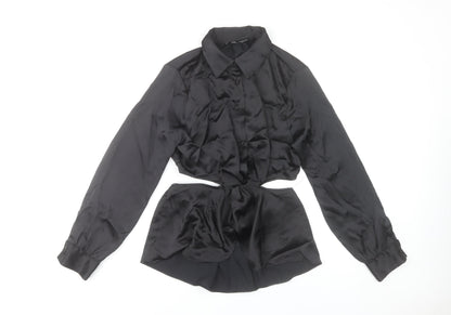 Zara Women Black Satin Cropped Button-Up Shirt Size S