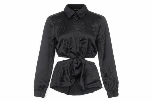 Zara Women Black Satin Cropped Button-Up Shirt Size S